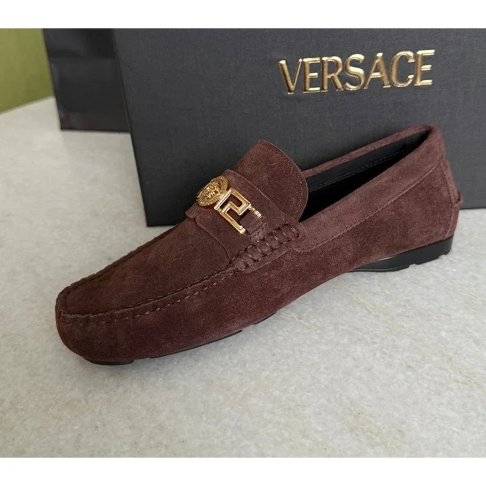 VERSACE 1009707 Medusa Men's Brown Suede Driver‎ Shoes, 40